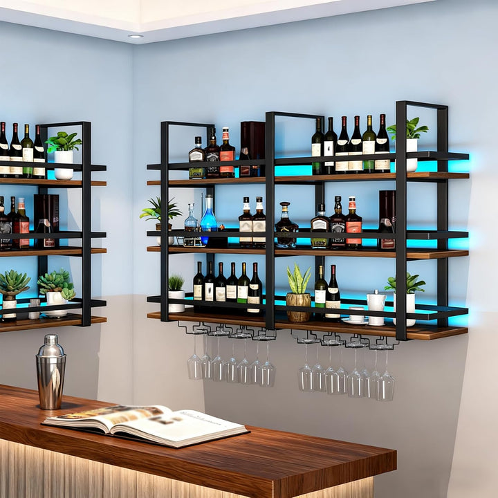 Weinregal Wand mit Glashalter, 3 Ebenen Industriell Wandmontierte Weinregal mit LED, Metallflaschenh