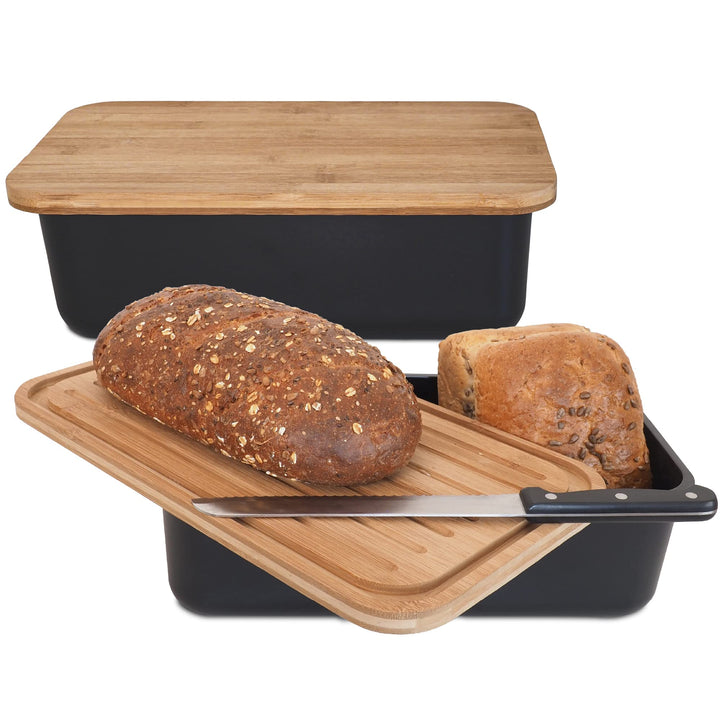 Gadgy Brotkasten Bambus - Brotdose mit Schneidebrett und Deckel - Brotkasten Schwarz - Luftdicht, Fr