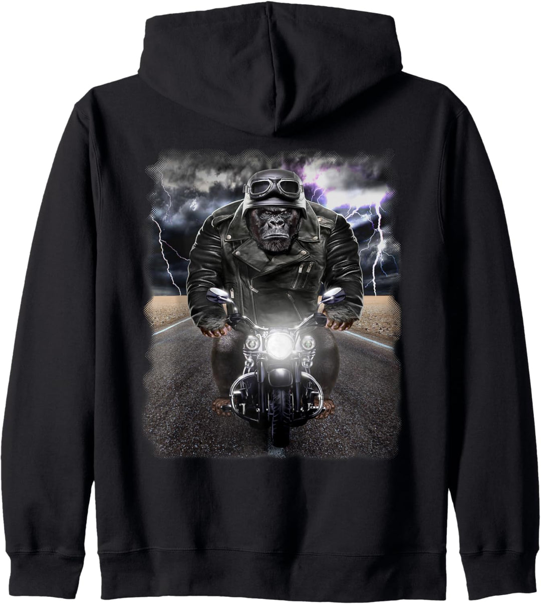 Gorilla reitendes Motorrad auf der Autobahn Kapuzenjacke