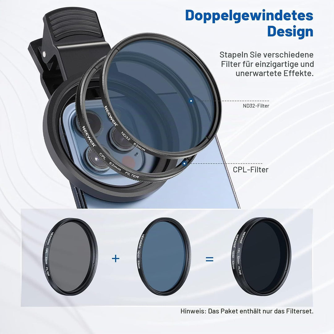 NEEWER 52mm ND+CPL+Effekt Filter Set mit Handy Phone Objektiv Klammer, Polfilter ND32, 6 Punkt Stern