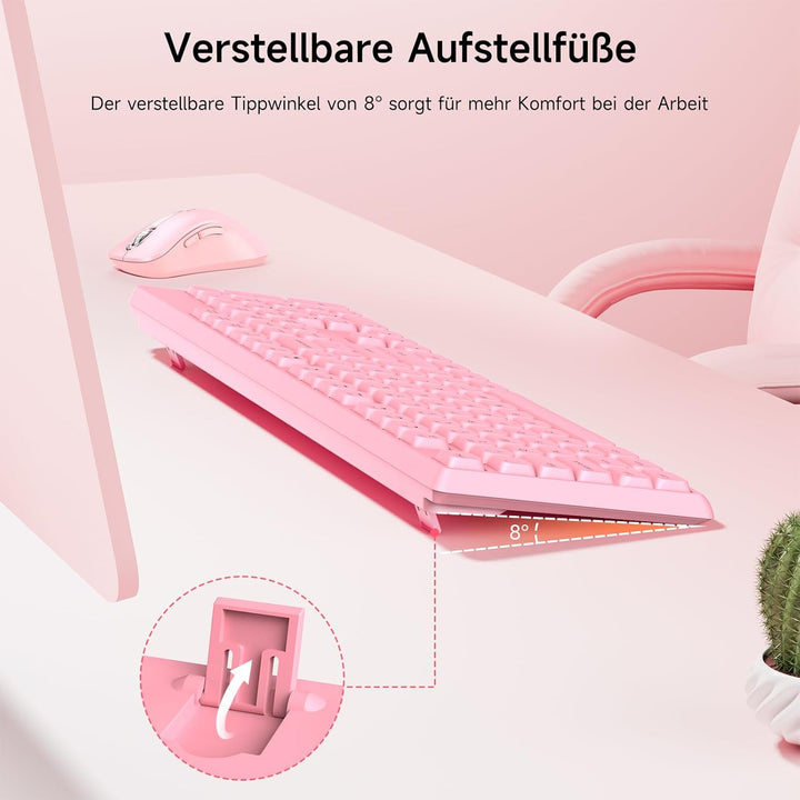 QWERTZ Kabelloses Tastatur Maus Set, Full Size 105-Tasten Tastatur mit Nummernblock, 2.4GHz Funk mit