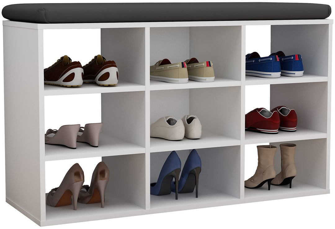 VCM Holz Sitzbank Schuhschrank Schuhregal Schuhkommode Sitzkommode 9 Fächer Hinsol XS Weiss