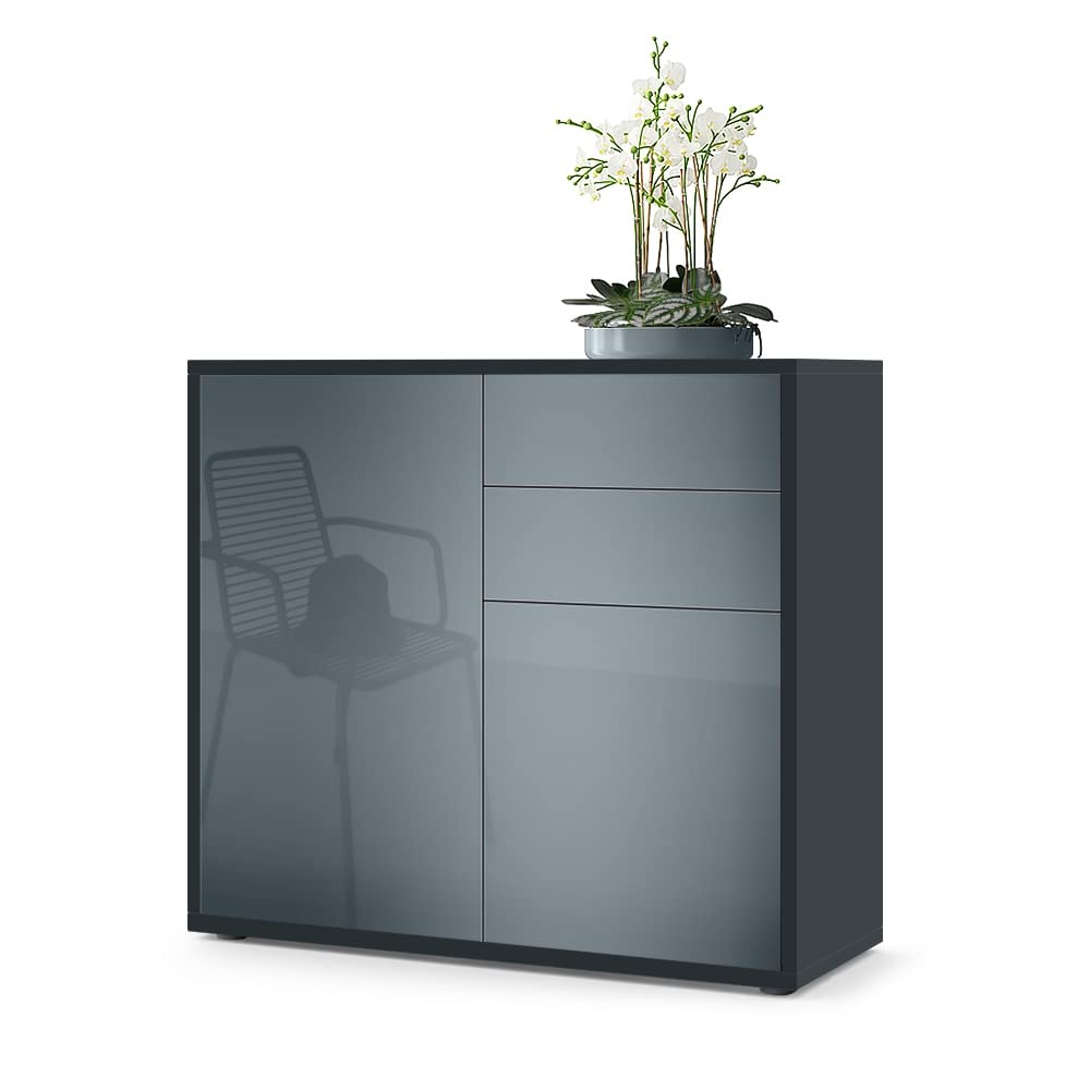 Vladon Sideboard Ben, Kommode mit 2 Türen und 2 Schubladen, Schwarz matt/Grau Hochglanz (79 x 74 x 3