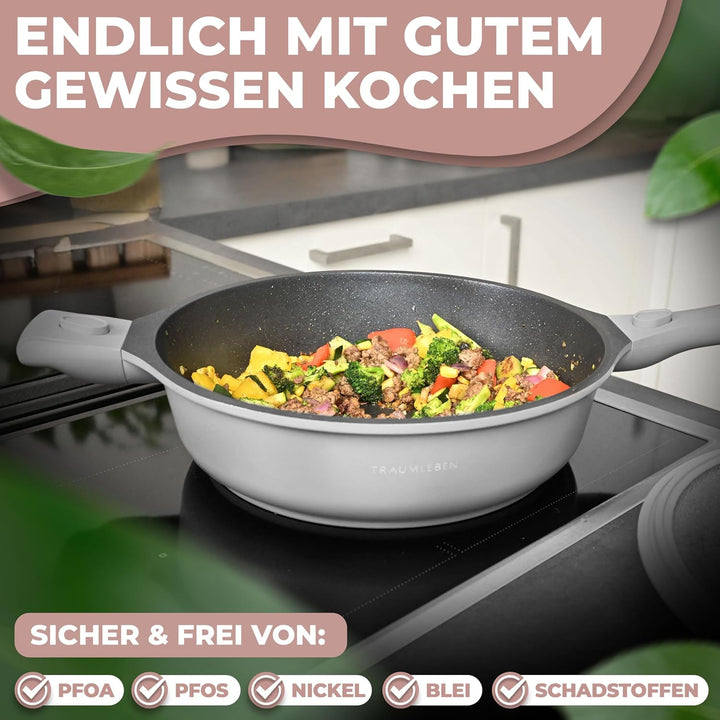 Bratpfanne 28 cm mit Deckel, abnehmbaren Griffen & Antihaftbeschichtung, PFOA-frei, für Induktion ge