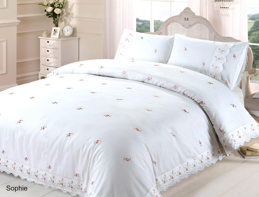 Sophie floralem Spitzenbesatz gesticktes Bettwäscheset, Bettbezug Bettwäsche-Set, Polyester-, weiss,