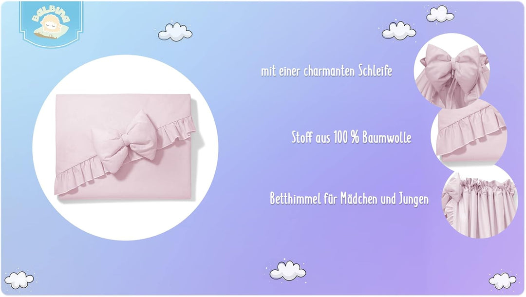 balbina Baldachin 100% Baumwolle, Deko-Set für Kinderbett, Betthimmel mit Rüsche & Schleife, Moskito