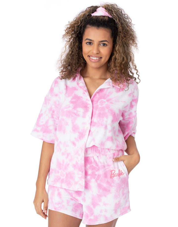 Barbie Damen 3 Stück Torubing Co-Ord Beach Cover Up | Rosa Batikfarbe Handtuch T-Shirt Shorts Haargu