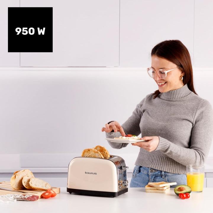 Taurus – Toaster Vintage II Cream 950W | 2 Schlitze 135x35mm | 7 Bräunungsstufen | 3 Funktionen | Ed