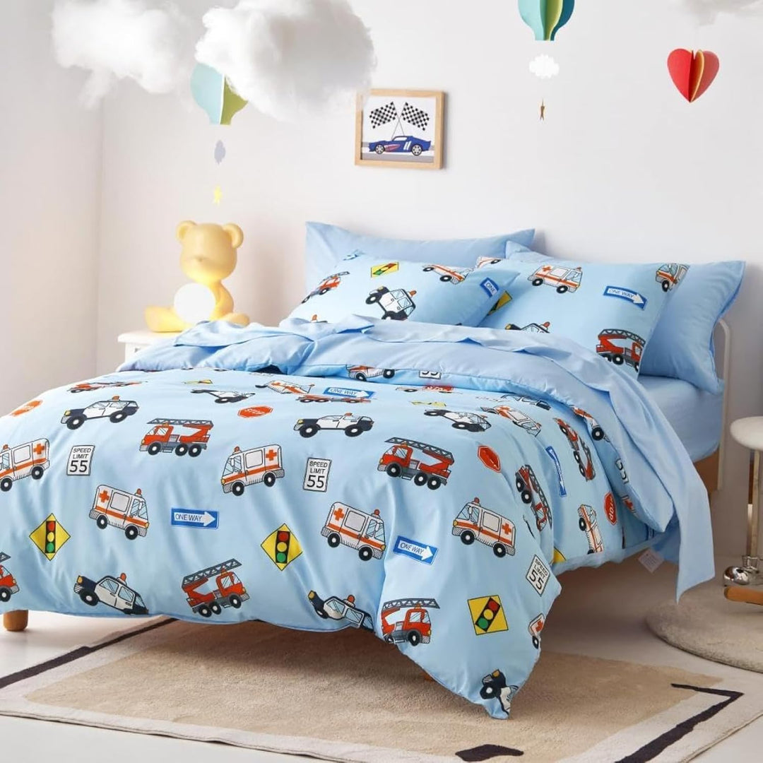 Freyamy Kinder Bettwäsche 135x200cm Blau Bunt Cartoon Auto Jungen Kinderbettwäsche Mikrofaser Cars A