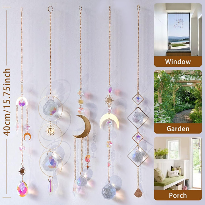 5 Stück Sonnenfänger Kristall Hanging Windspiel Regenbogen Sonnen Mond Anhänger Kristalle Ornament K