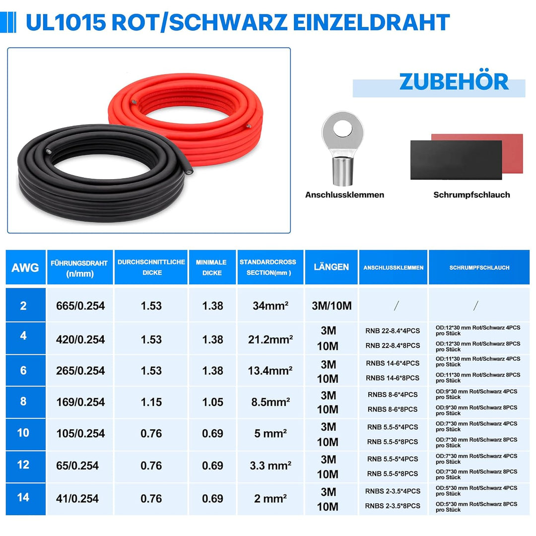 21,3mm² PVC Elektrokabel - 4 AWG Elektrischer Draht 6 Meter (3 Meter Schwarz und 3 Meter Rot) Hochte