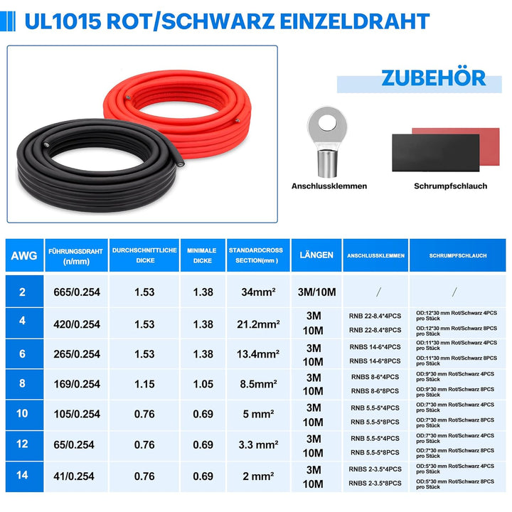 21,3mm² PVC Elektrokabel - 4 AWG Elektrischer Draht 6 Meter (3 Meter Schwarz und 3 Meter Rot) Hochte
