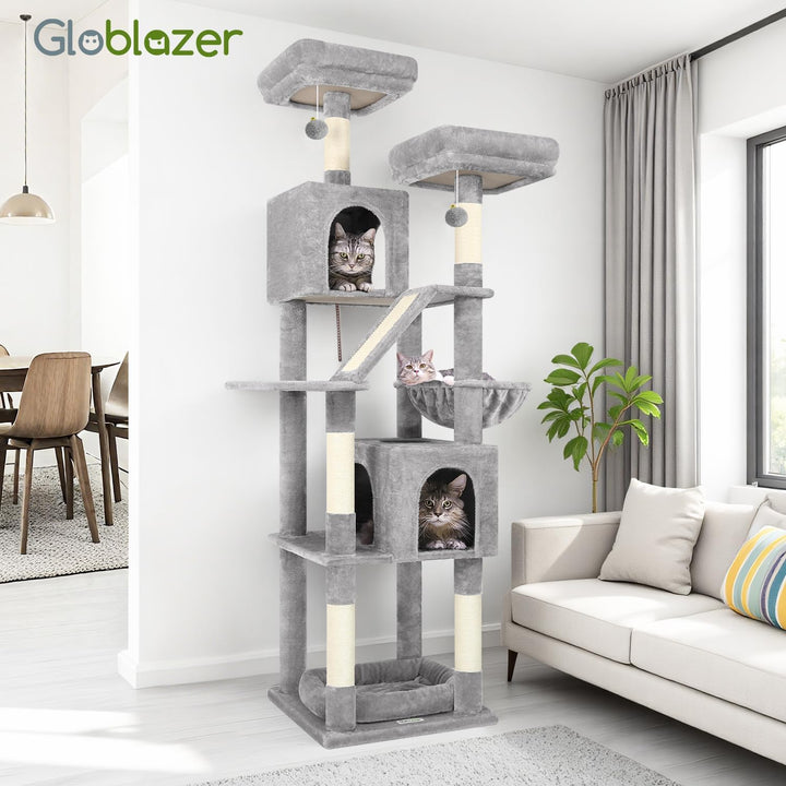 Globlazer F74D Kratzbaum Gross XXL Ecke Stabil 190cm fur 2-4 Katzen | Katzenbaum mit 2 Katzenhaus, 2