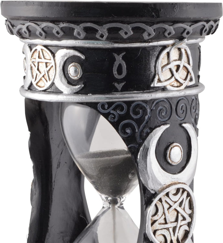 Wicca Sanduhr Silber-schwarz mit schwarzem Sand, aus Kunststein angefertigt und von Hand bemalt
