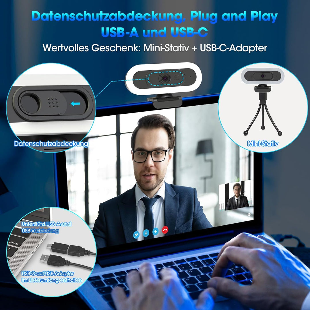 ToLuLu Streaming Webcam 2K 50FPS Web Cam, LED RGB Webcam mit Mikrofon und Licht, Autofokus Computer