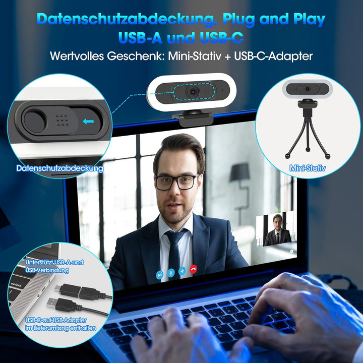 ToLuLu Streaming Webcam 2K 50FPS Web Cam, LED RGB Webcam mit Mikrofon und Licht, Autofokus Computer