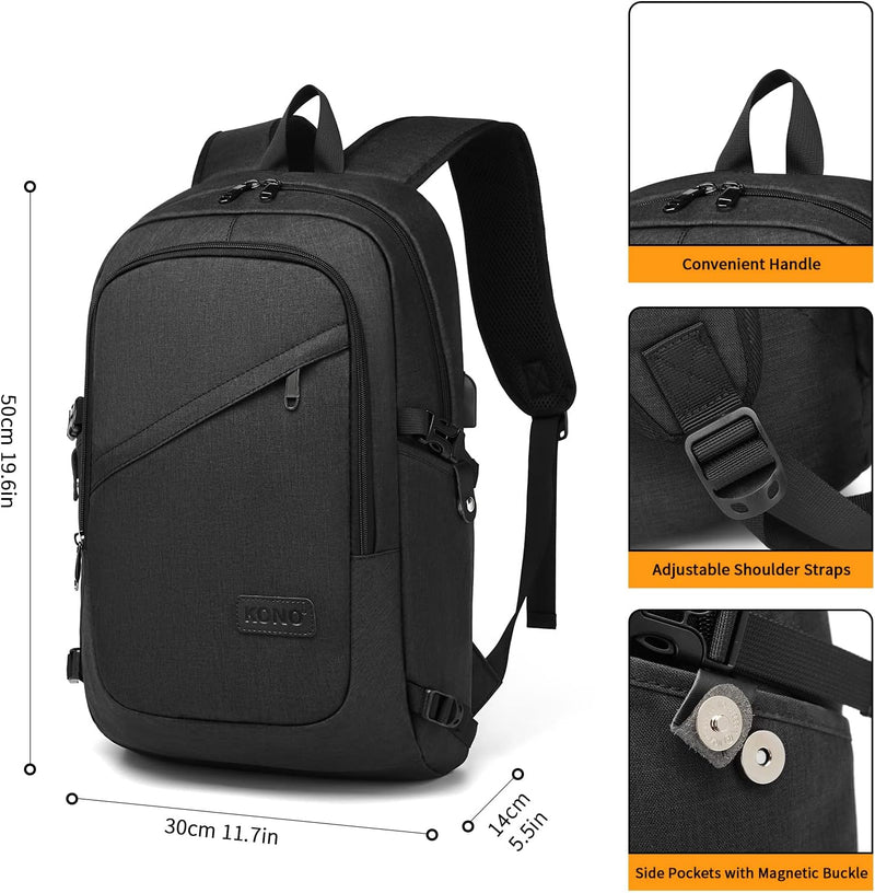 Kono Laptop-Rucksack Diebstahlsicherung Reisen Geschäft Arbeiten Computer Schwarz, Schwarz