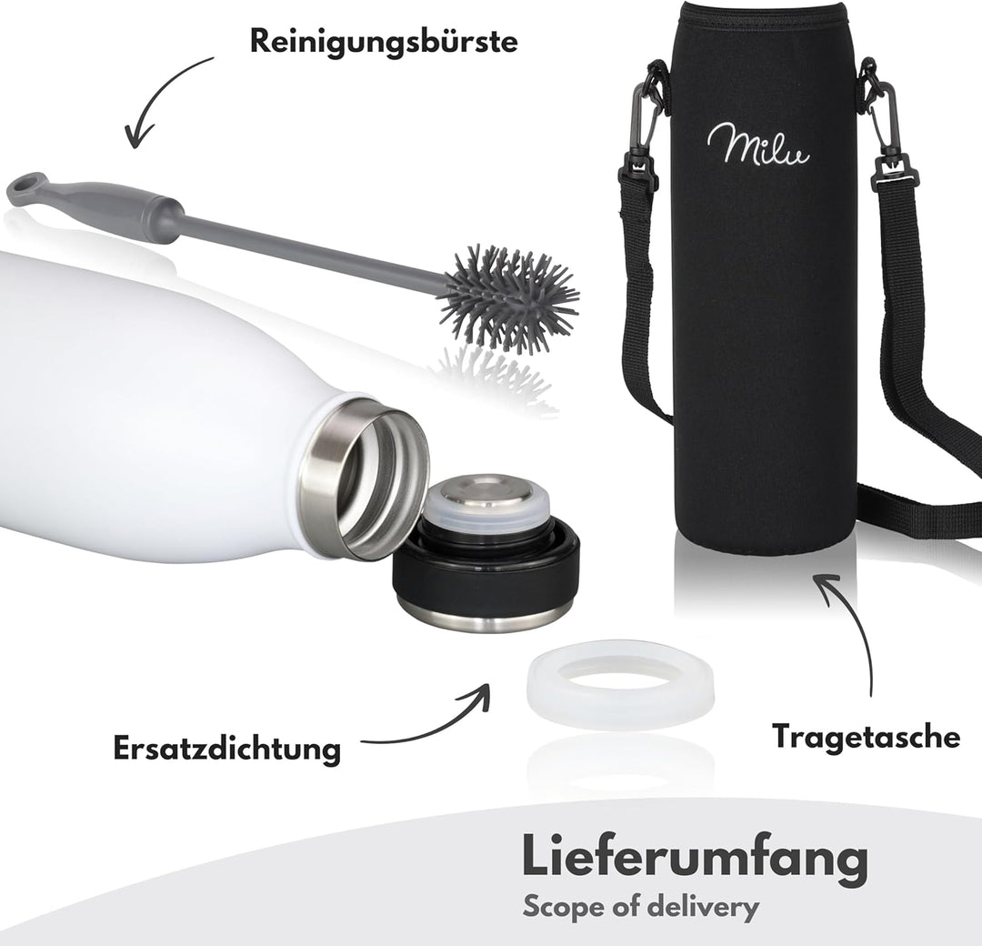 Milu Edelstahl Trinkflasche 350ml 500ml 750ml 1L 1,5L – Thermosflasche, Isolierte Wasserflasche, Aus