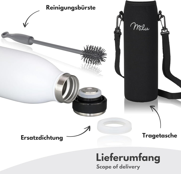 Milu Edelstahl Trinkflasche 350ml 500ml 750ml 1L 1,5L – Thermosflasche, Isolierte Wasserflasche, Aus