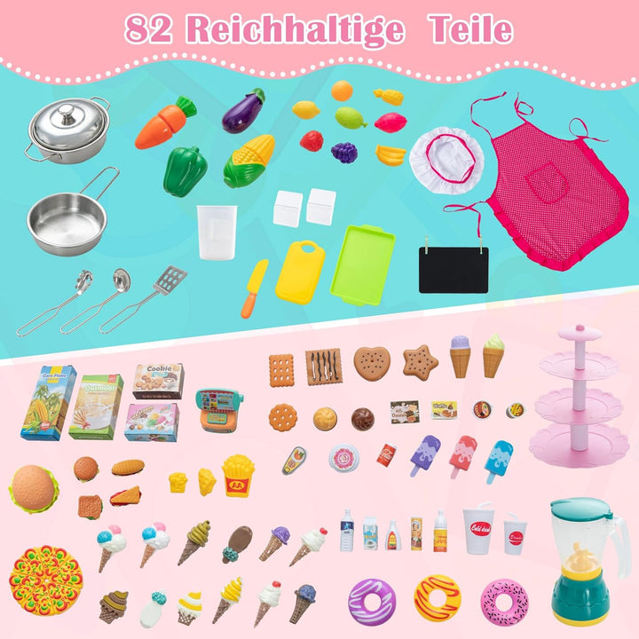 COSTWAY 2 in 1 Kinderküche &amp; Kaufladen, Spielküche mit Licht und Sound, interaktiver Eismacher &amp; Taf