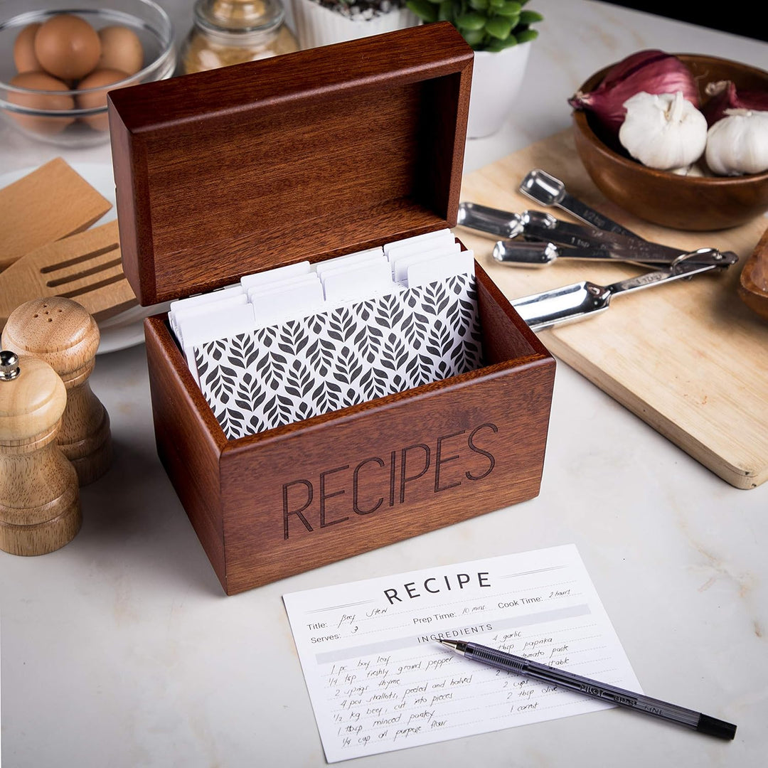 Apace Living Rezeptbox Holz mit blanko Rezeptkarten und Trennkarten – Sapeli Rezeptkiste für die Auf