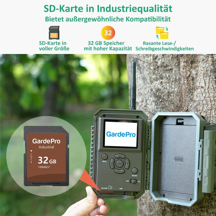 GardePro E8 Wildkamera WLAN mit 32 GB SD-Karte, 64MP H.264 1296P Video, 27m Infrarot Nachtsicht Bewe