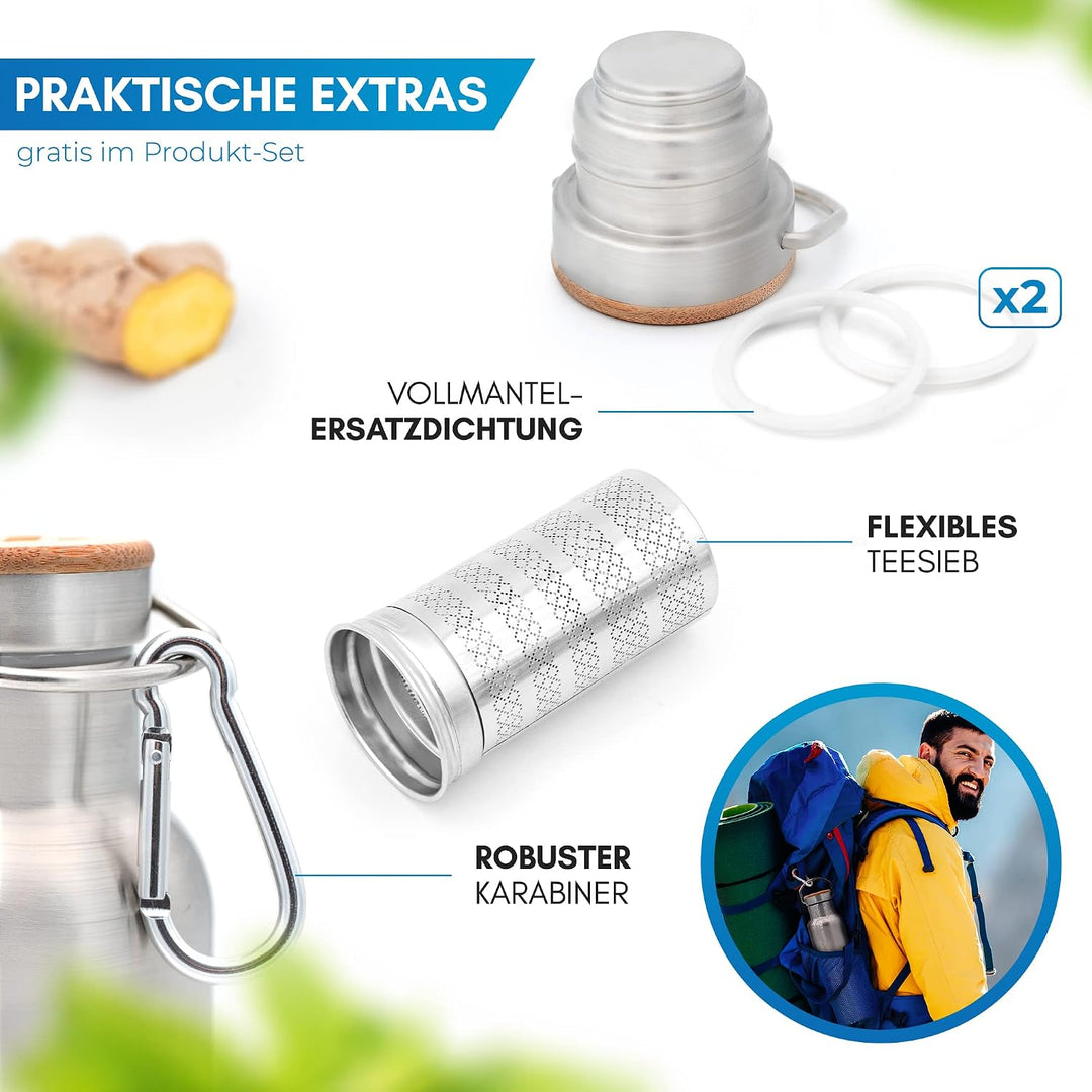 NORDMUT® Thermosflasche 1l mit Teesieb - Zuverlässige Isolierleistung - Edelstahl Trinkflasche ausla