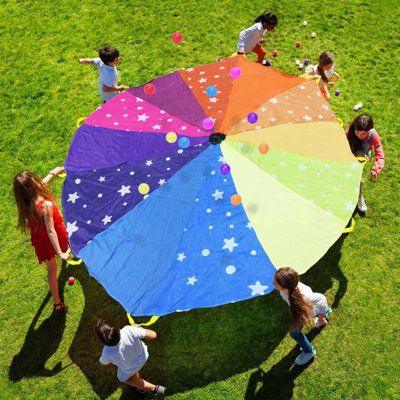 DKINY Regenbogen Schwungtuch Kinder 2.4m Bunt Fallschirm mit 12 Bällen und 12 Griffe Parachutes Spie