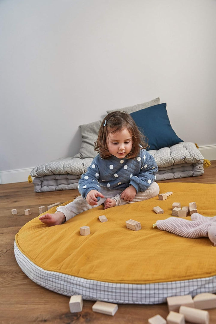 LÄSSIG Krabbel-und Spieldecke aus Muslin Bio-Baumwolle waschbar/Seat Cushion Muslin senfgelb, Senfge
