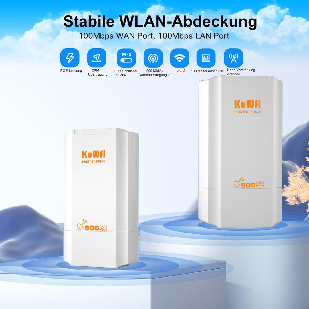 KuWFi Point to Point WLAN Bridge Outdoor, 5GHz, 867Mbps, PtP&PtMP, 2km Reichweite, PoE-betrieben, IP