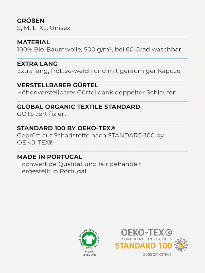 Sowel® Bademantel Damen und Herren, 100% Bio-Baumwolle, Extra Lang mit Kapuze, Morgenmantel, Flausch