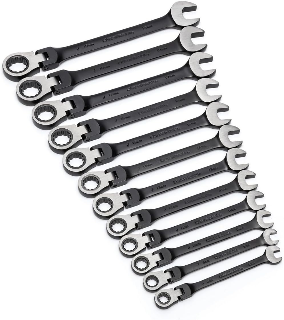 GearWrench 9901DBE Ringmaulschlüssel mit Ratsche Schwenkbar Set Metrisch, 8 - 19 mm, Schwarz, 12 Stü