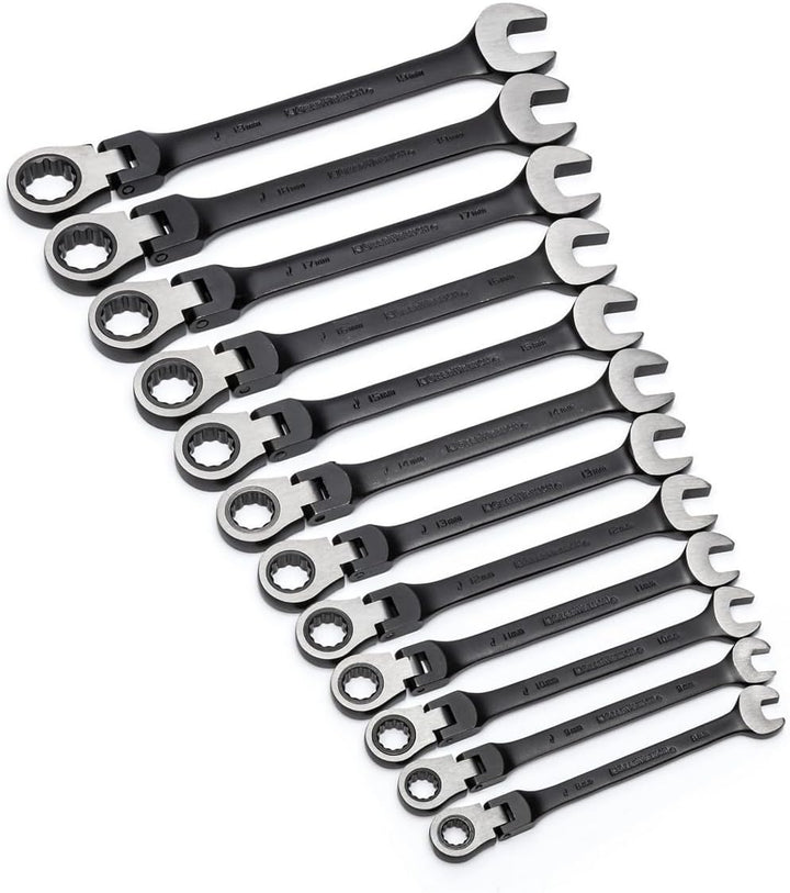GearWrench 9901DBE Ringmaulschlüssel mit Ratsche Schwenkbar Set Metrisch, 8 - 19 mm, Schwarz, 12 Stü