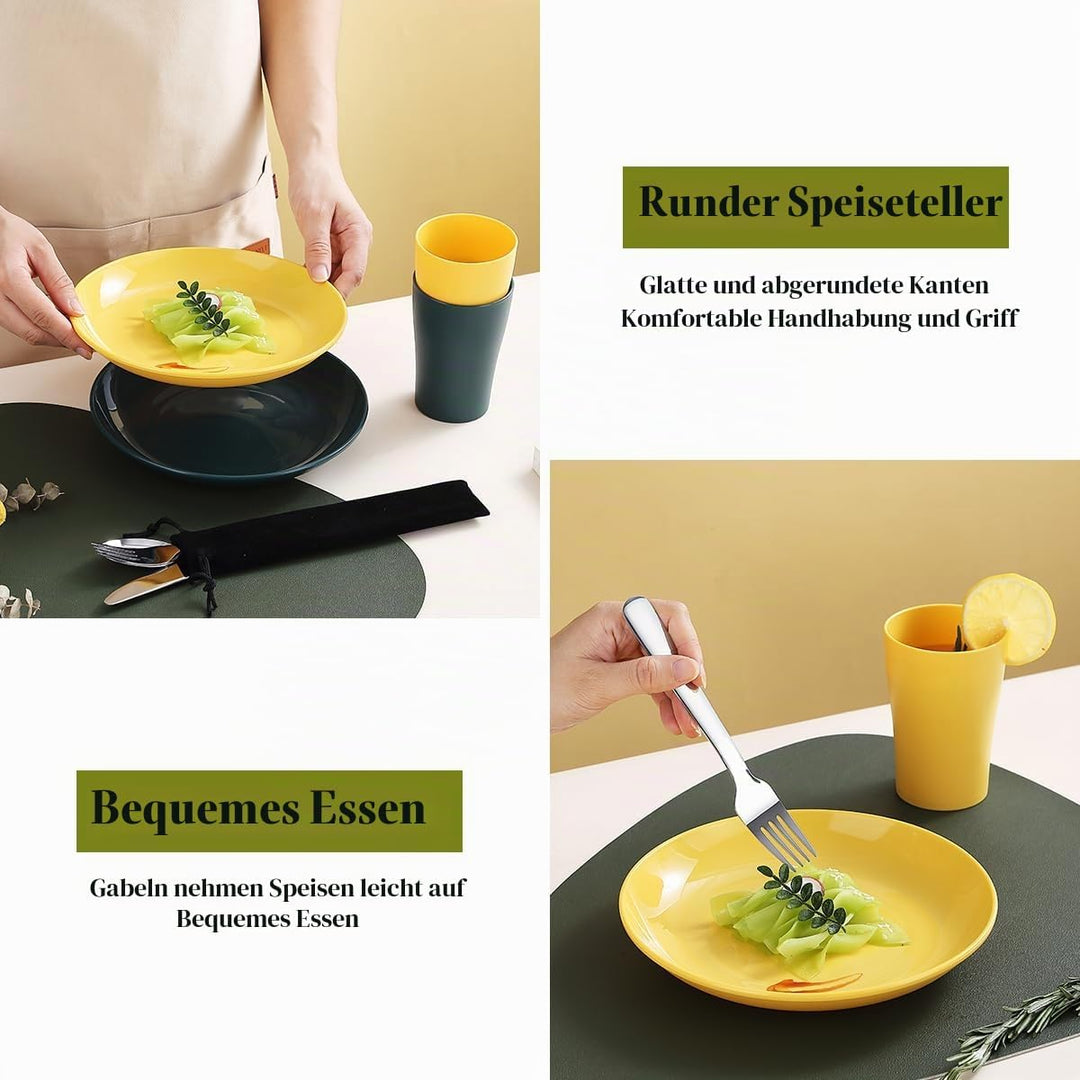 Evanda Camping Besteck Set 10 teilig, wiederverwendbarer leichter Becher, Teller und Edelstahlbestec