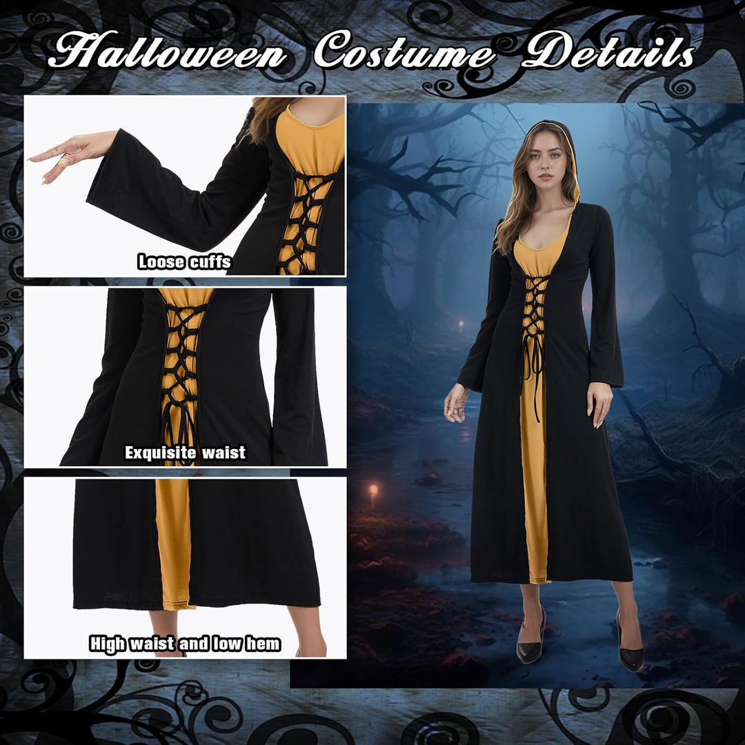 FSUJWOA Frauen Halloween Kostüme für Erwachsene mittelalterlich Kapuze Maxi Kleid für Frauen Mode Ro