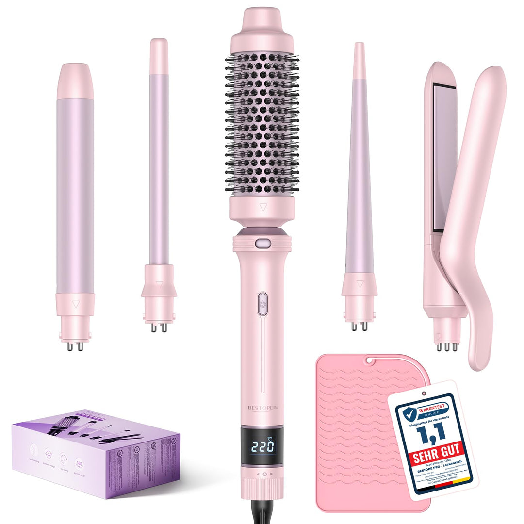 BESTOPE PRO Lockenstab, 5 in 1 Lockenstäbe Set mit Glätteisen, Thermobürste, 3 Keramische Lockeneise