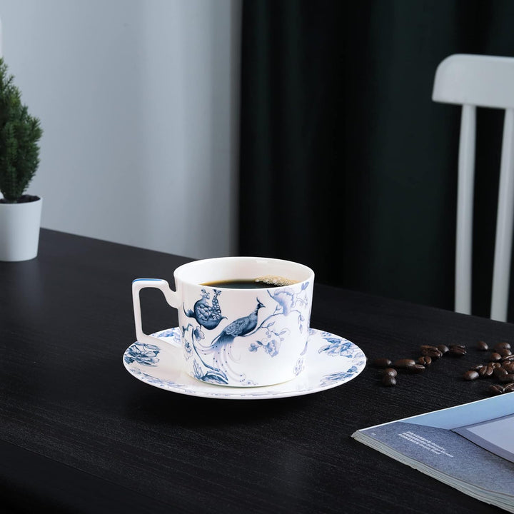 fanquare 250ml Bone China Teetasse und Untertasse Set für 1, Blaue und Weisse Kaffeetasse mit Teller