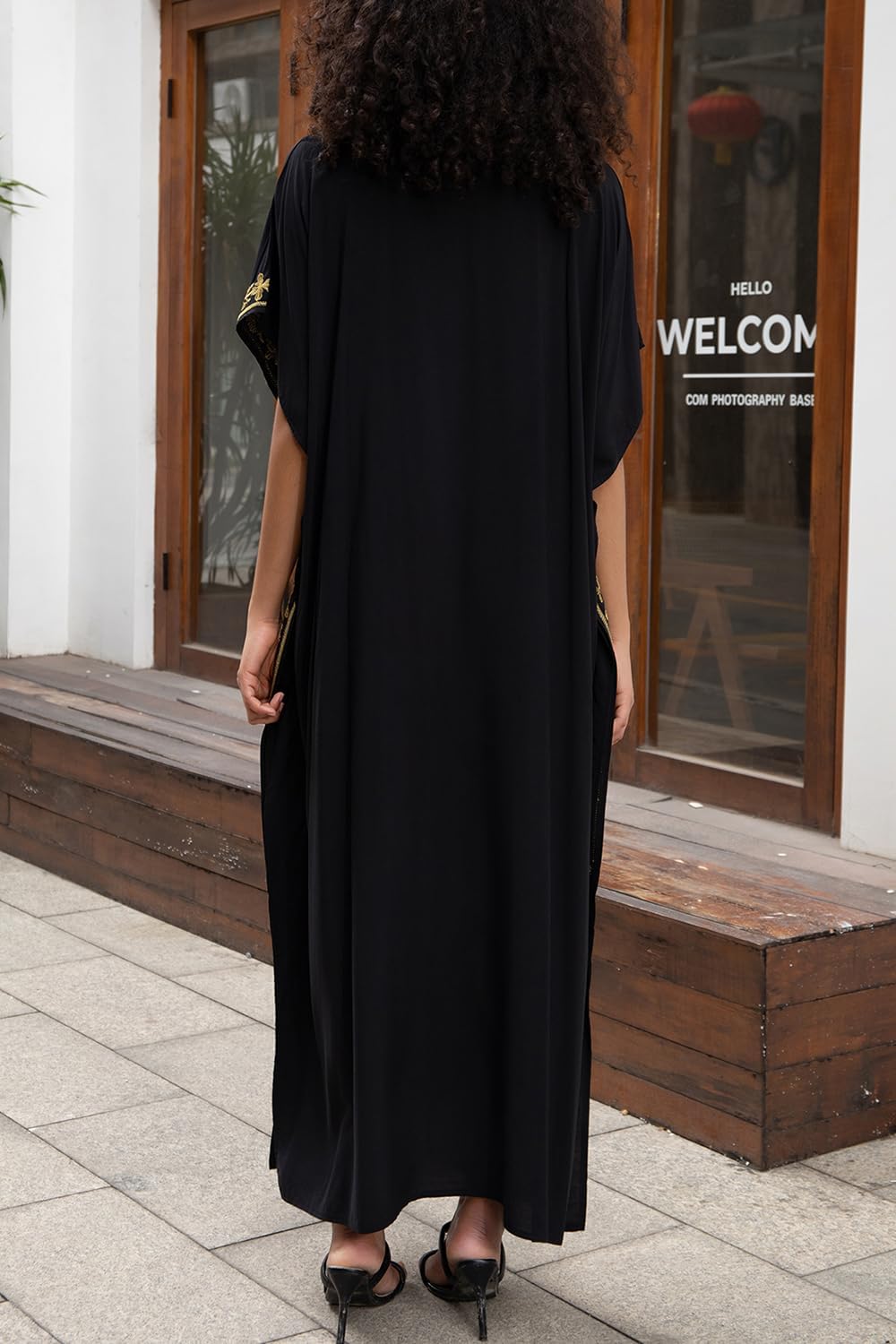 L-Peach Damen Stickerei Kaftan Loungewear Homewear Übergrosse Kimono Maxi Strandkleid Cover Ups Robe