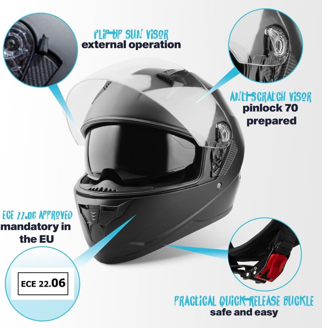 VINZ Kennet Integralhelm mit Sonnenblende | Motorrad Helm Vollvisierhelm Mopedhelm | Motorradhelm Fu