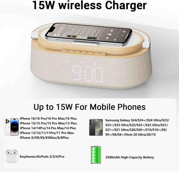 COLSUR Radiowecker Digital mit Wireless Charger, Bluetooth Lautsprecher mit USB-Ladegerät, Smart Wec
