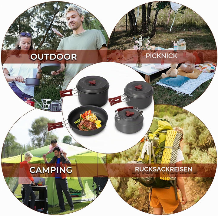Bulin Camping Kochgeschirr Set,Outdoor Camping Kochset Aluminium,Camping Töpfe und Pfannen für 1-2-4