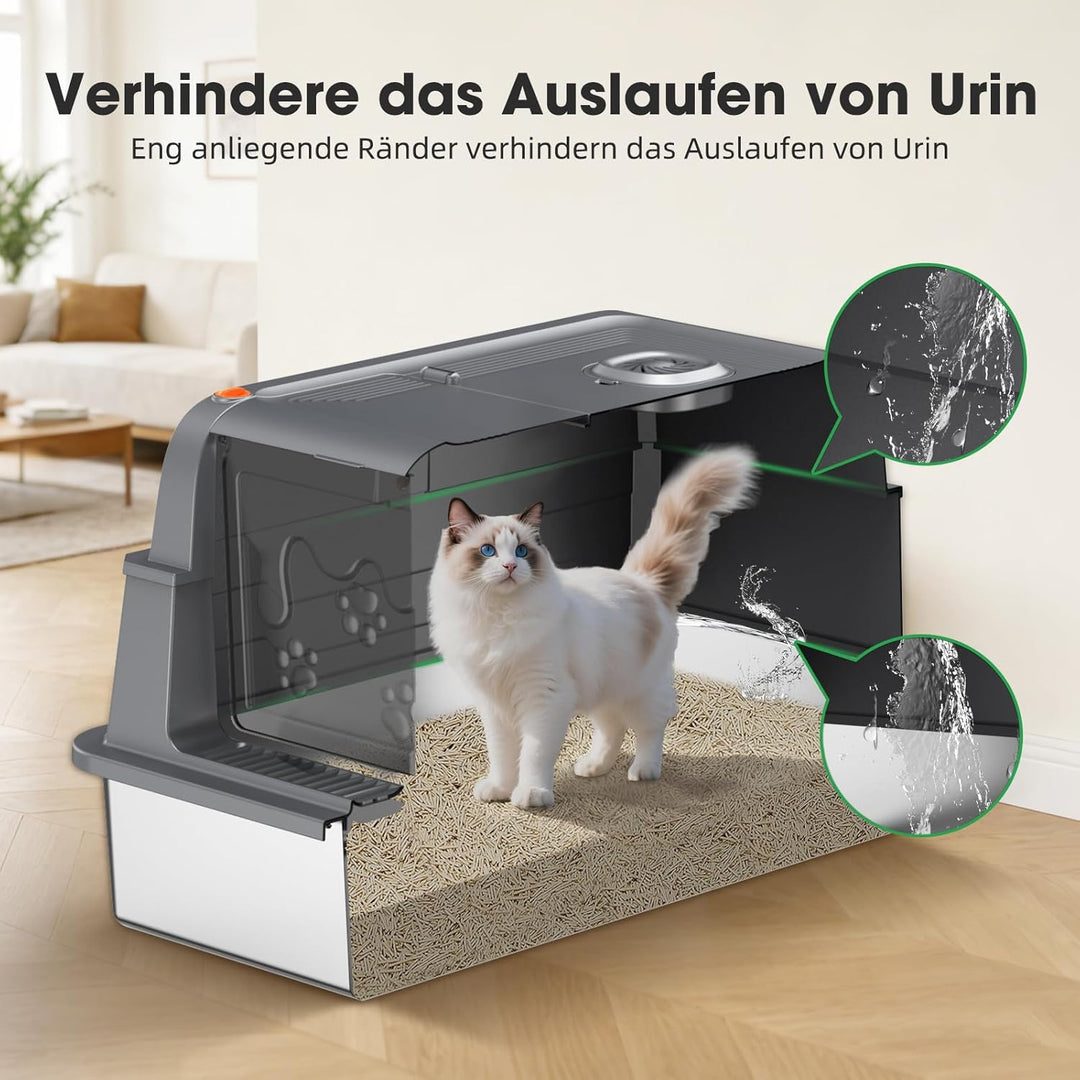 XXXL Edelstahl Katzentoilette mit Deckel – extra grosse geschlossene Katzenklos mit hohen Seitenwänd