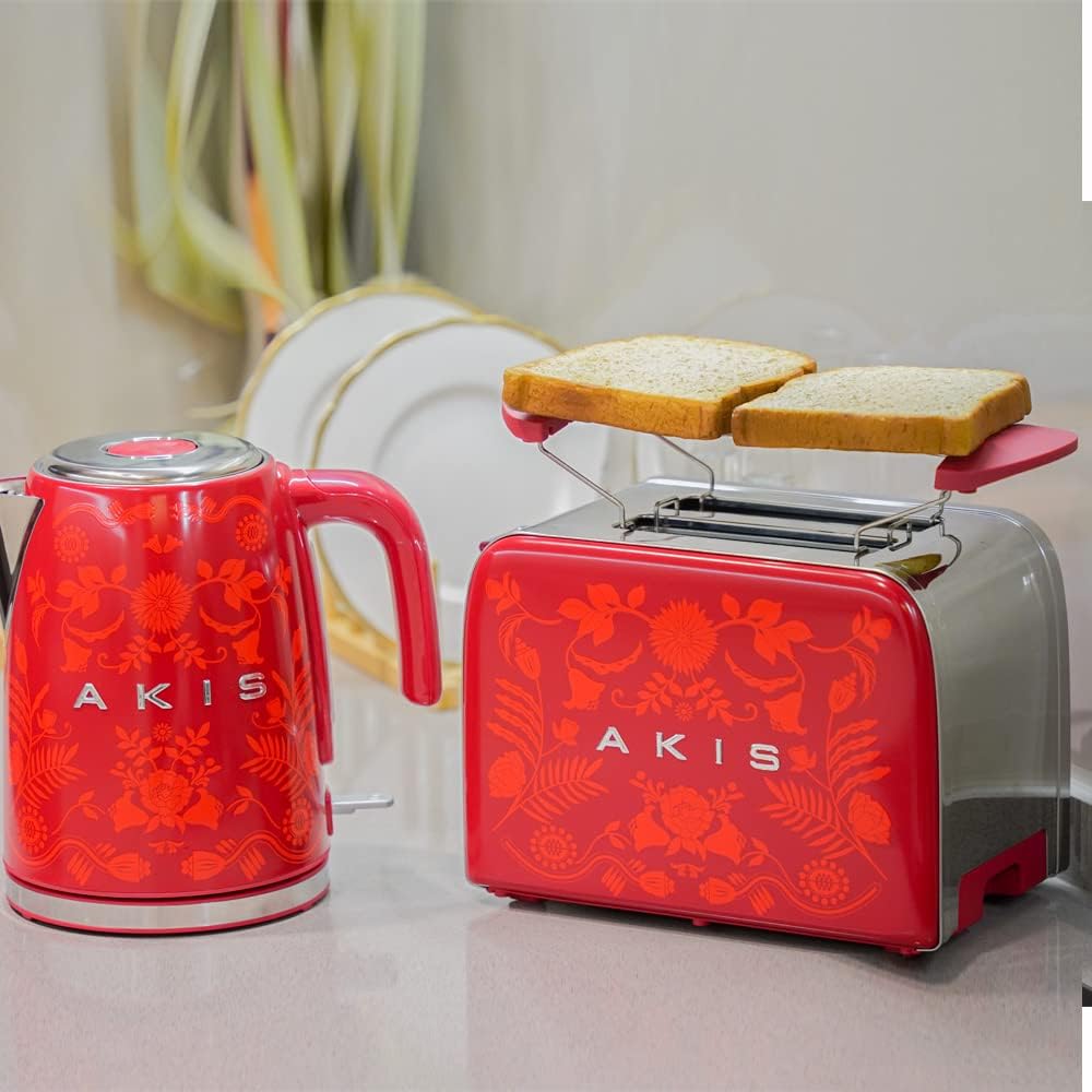 AKIS La Fête Design Toaster und Wasserkocher Set aus Edelstahl in Rot Farbe mit Barock Muster, Toast