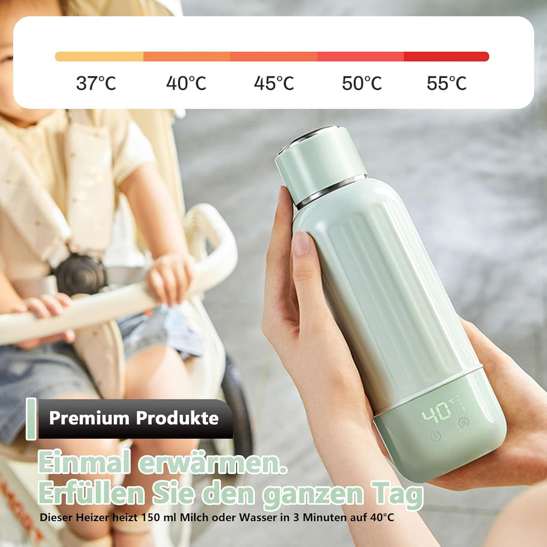 Tragbarer Flaschenwärmer Baby Unterwegs, Akku Thermoskanne 500ml, 37-55 °C Einstellbar, Mobiler Milc