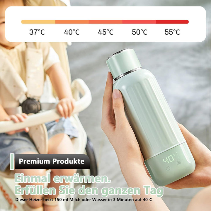 Tragbarer Flaschenwärmer Baby Unterwegs, Akku Thermoskanne 500ml, 37-55 °C Einstellbar, Mobiler Milc