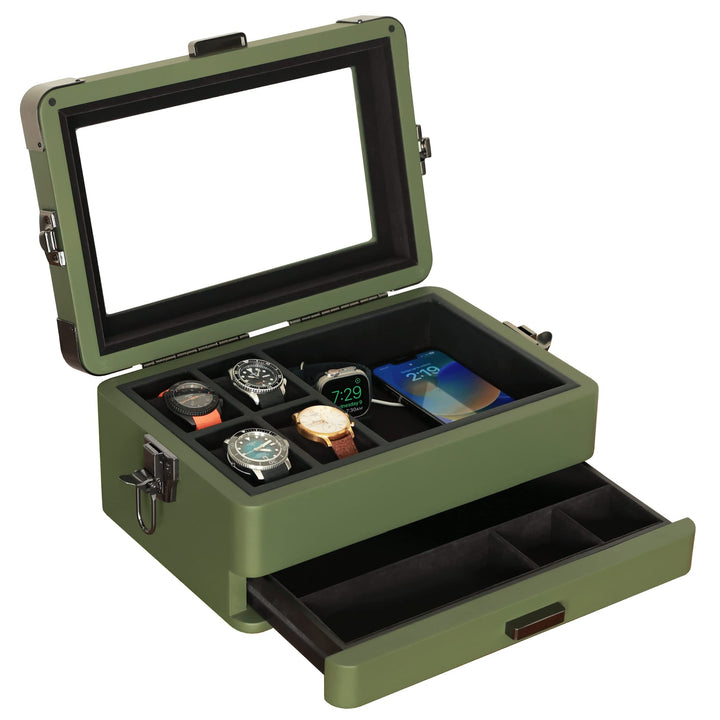 CASE ELEGANCE Militäruhrenbox mit 10 Fächern für Herren, Echtglasplatte, modulares Valet-Tablett, Ap