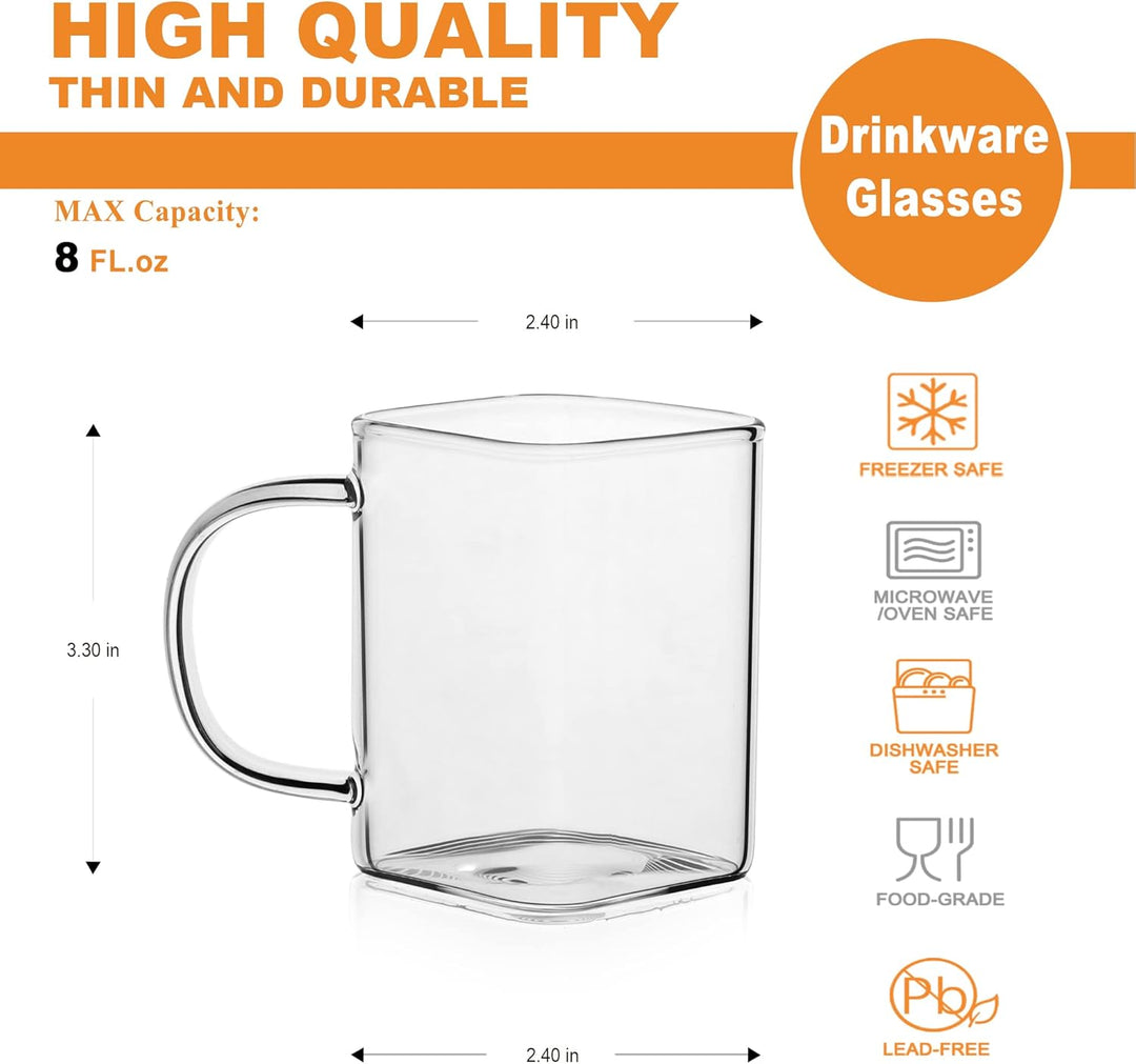 LUXU Trinkgläser mit Griff, 237 ml, Set mit 4 dünnen, quadratischen Gläsern, elegante Bargläser für