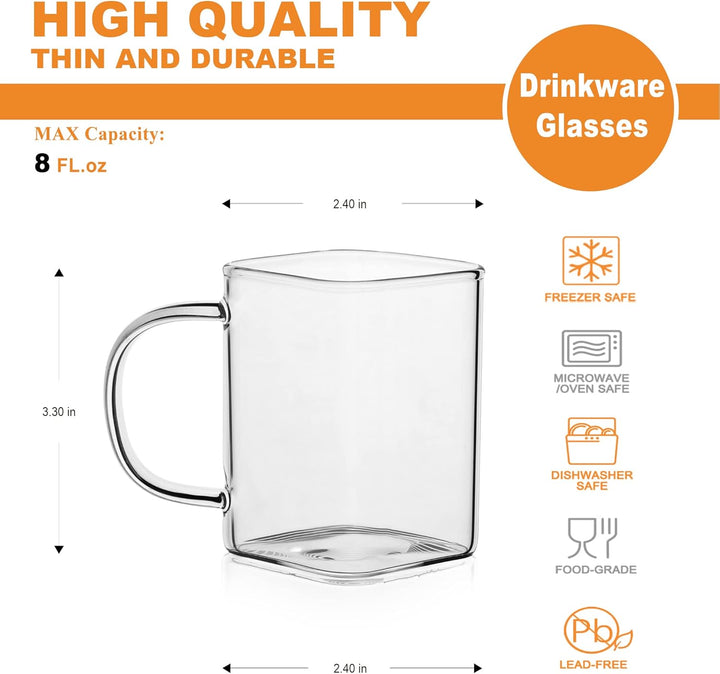LUXU Trinkgläser mit Griff, 237 ml, Set mit 4 dünnen, quadratischen Gläsern, elegante Bargläser für