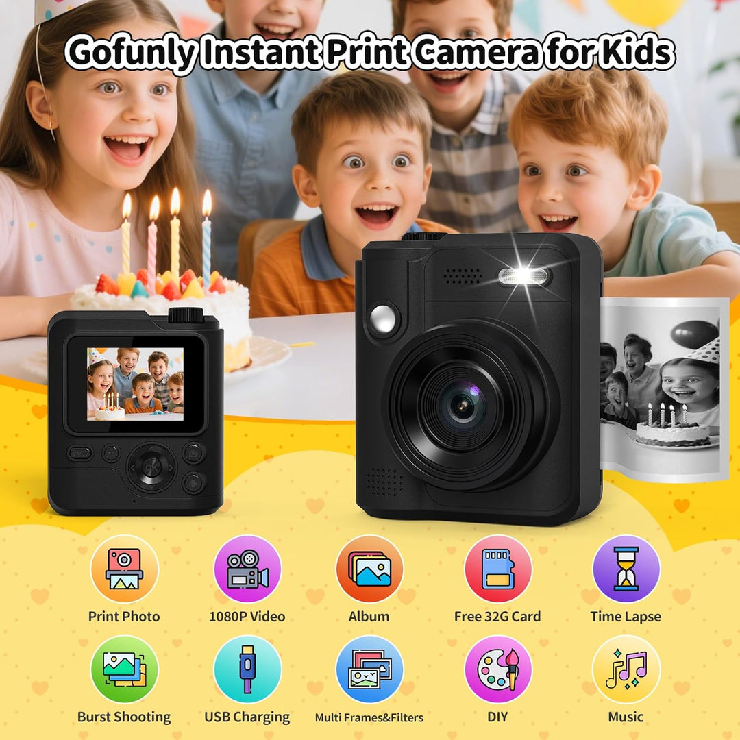 Gofunly Sofortbildkamera Kinder, 1080P HD Kinderkamera Sofortbildkamera mit 32GB Karte & DruckerPapi