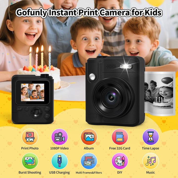 Gofunly Sofortbildkamera Kinder, 1080P HD Kinderkamera Sofortbildkamera mit 32GB Karte & DruckerPapi